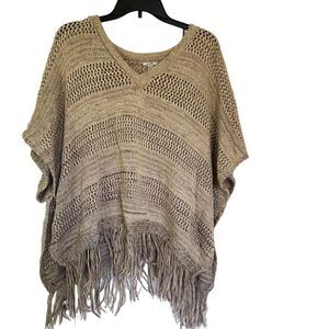 Ecote Tan Beige Open Knit Fringe Bohemian V neck Poncho Sweater Size Medium